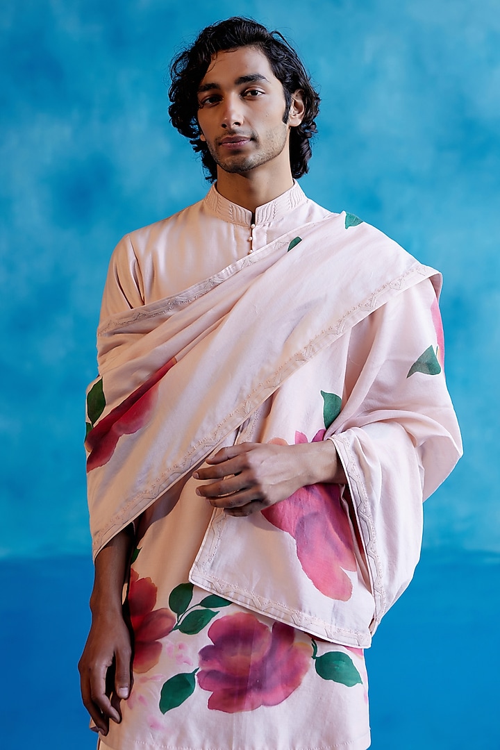 Blush Pink Silk Chanderi Hand Painted & Embroidered Stole by Devnaagri Men
