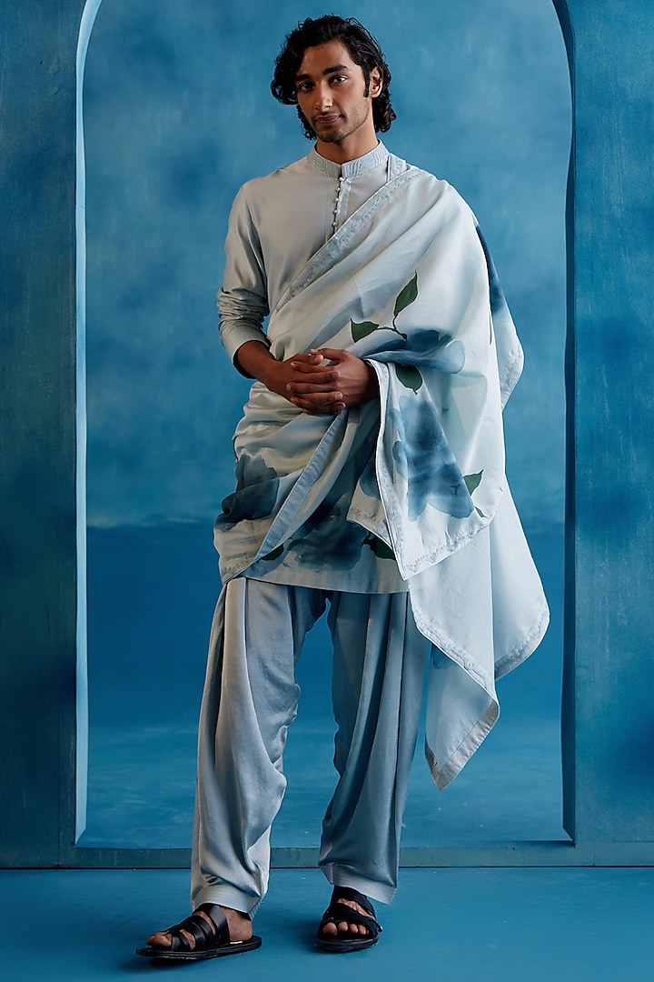 Ice Blue Silk Chanderi Hand Painted & Embroidered Stole by Devnaagri Men