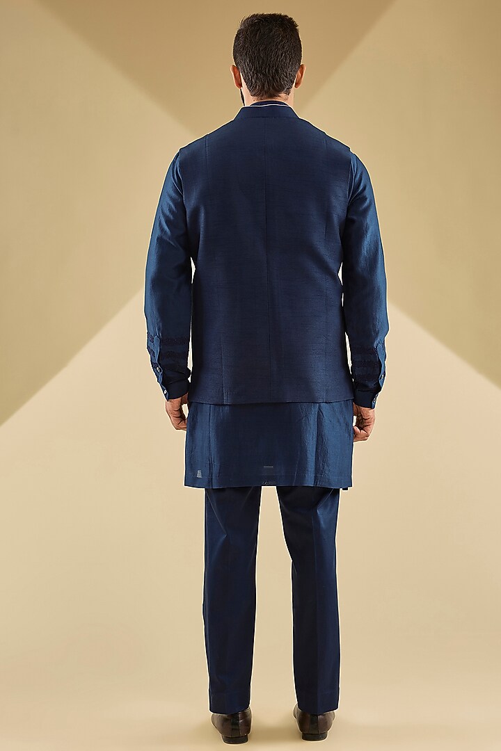 Navy Blue Silk Chanderi & Cotton Lycra Dori Embroidered Bundi Jacket Set by Devnaagri Men at Pernia's Pop Up Shop