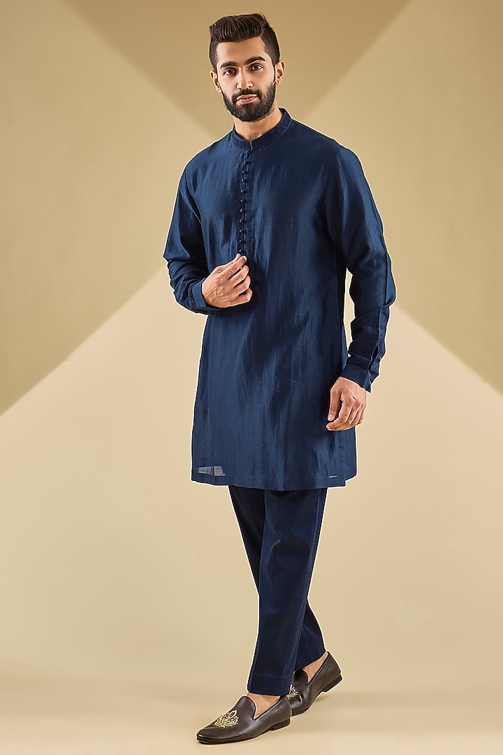 Navy Blue Silk Chanderi & Cotton Lycra Dori Embroidered Bundi Jacket Set by Devnaagri Men at Pernia's Pop Up Shop