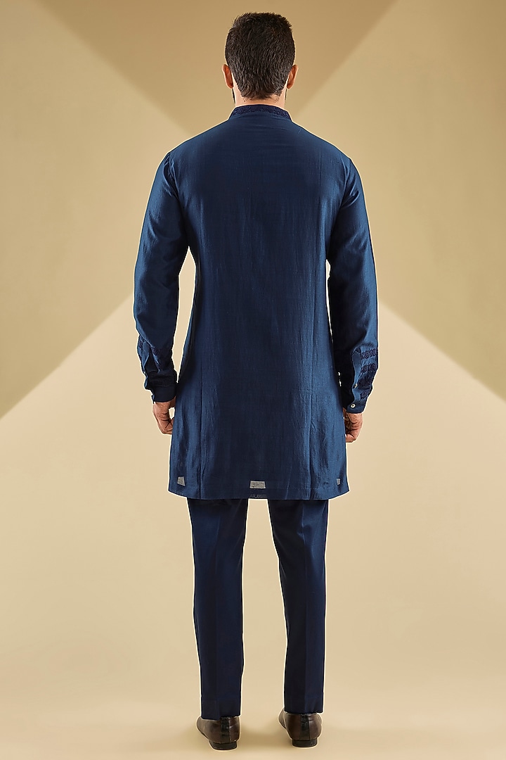 Navy Blue Silk Chanderi & Cotton Lycra Dori Embroidered Bundi Jacket Set by Devnaagri Men at Pernia's Pop Up Shop
