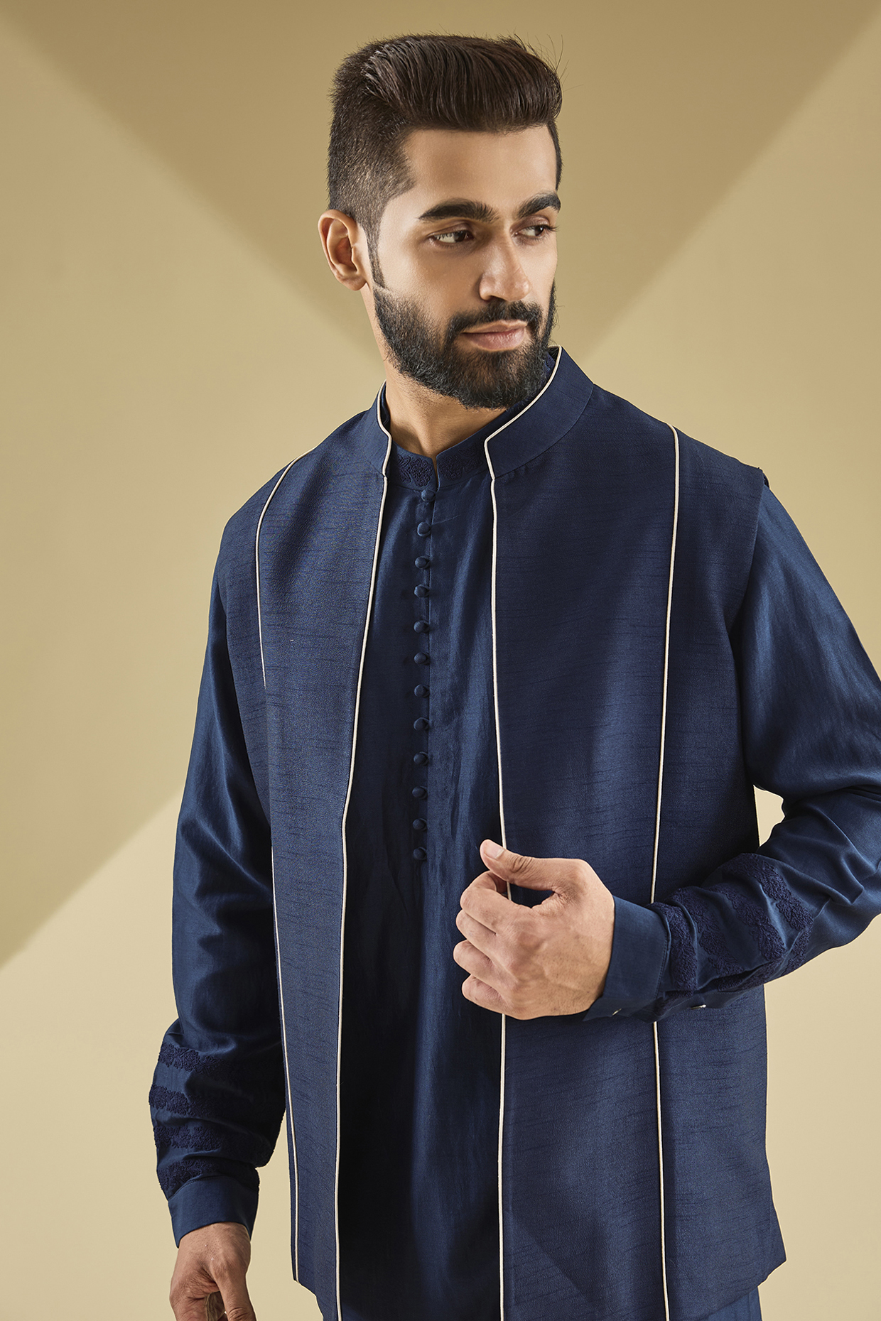 Navy Blue Silk Chanderi & Cotton Lycra Dori Embroidered Bundi Jacket Set by Devnaagri Men