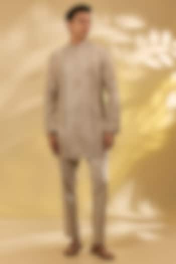 Sand Colored Silk Chanderi Resham Embroidered Kurta Set by Devnaagri Men at Pernia's Pop Up Shop