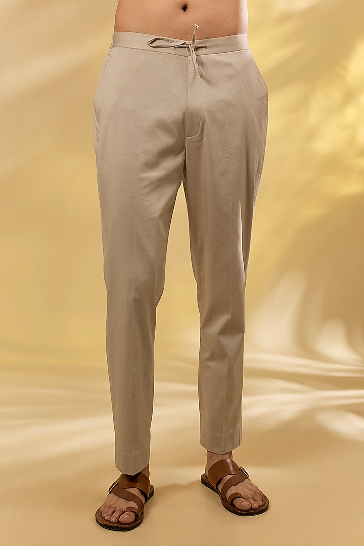 Sand Colored Silk Chanderi Resham Embroidered Kurta Set by Devnaagri Men at Pernia's Pop Up Shop