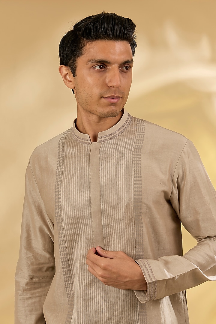Sand Colored Silk Chanderi Resham Embroidered Kurta Set by Devnaagri Men at Pernia's Pop Up Shop