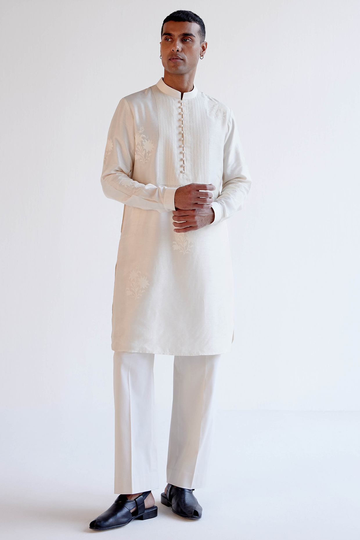 Ivory Summer Tussar Block Printed & Embroidered Kurta Set by Devnaagri Men