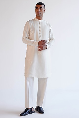 Ivory Summer Tussar Block Printed & Embroidered Kurta Set by Devnaagri Men