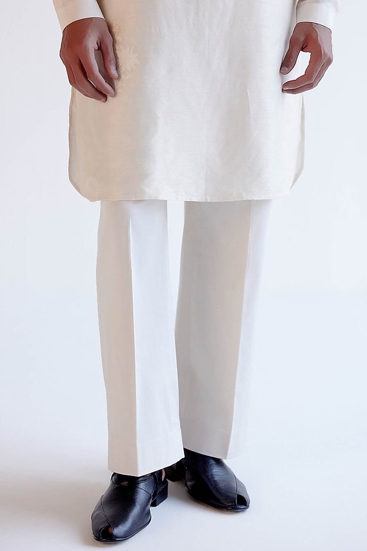 Ivory Summer Tussar Block Printed & Embroidered Kurta Set by Devnaagri Men at Pernia's Pop Up Shop