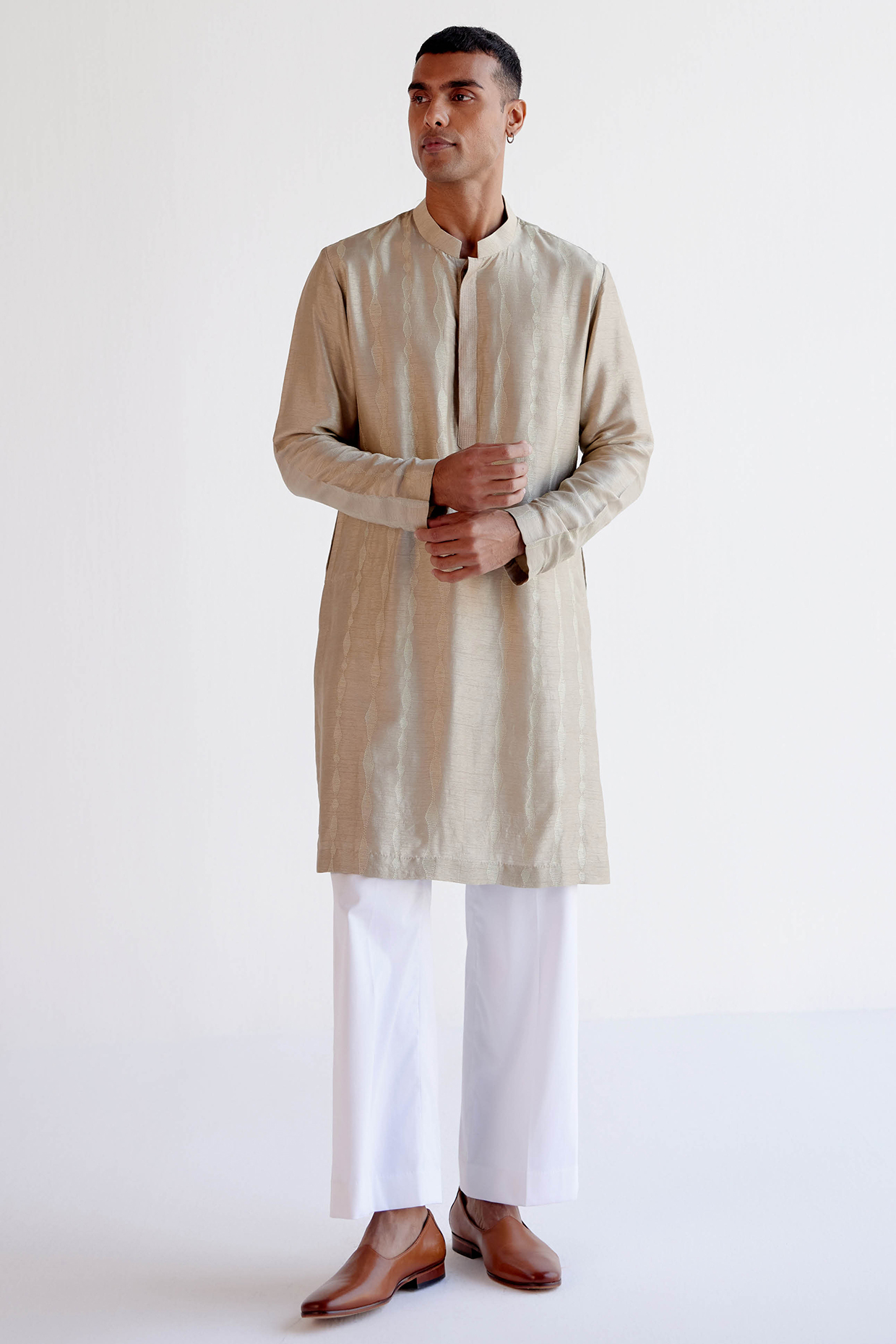 Sand Summer Tussar Silk Aari Embroidered Kurta Set by Devnaagri Men