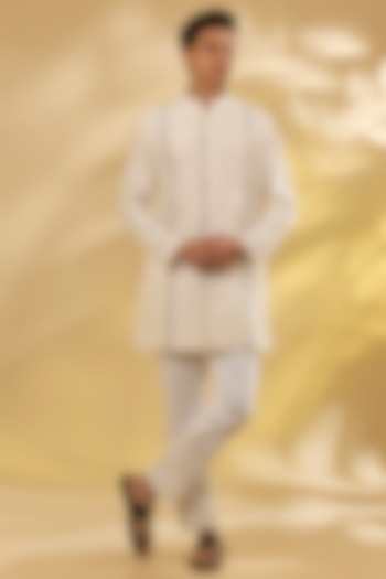 Ivory Silk Chanderi Dori Embroidered Kurta Set by Devnaagri Men at Pernia's Pop Up Shop