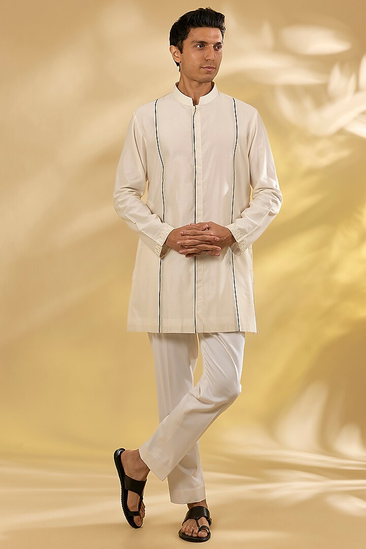 Ivory Silk Chanderi Dori Embroidered Kurta Set by Devnaagri Men at Pernia's Pop Up Shop