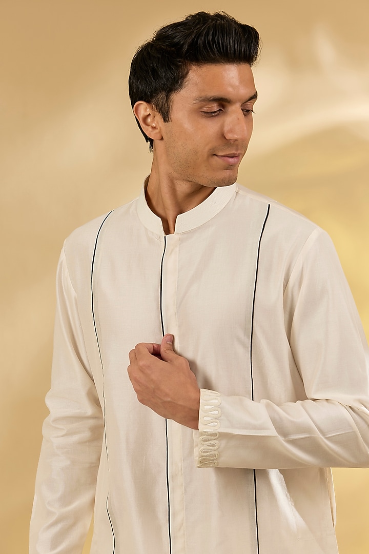 Ivory Silk Chanderi Dori Embroidered Kurta Set by Devnaagri Men at Pernia's Pop Up Shop