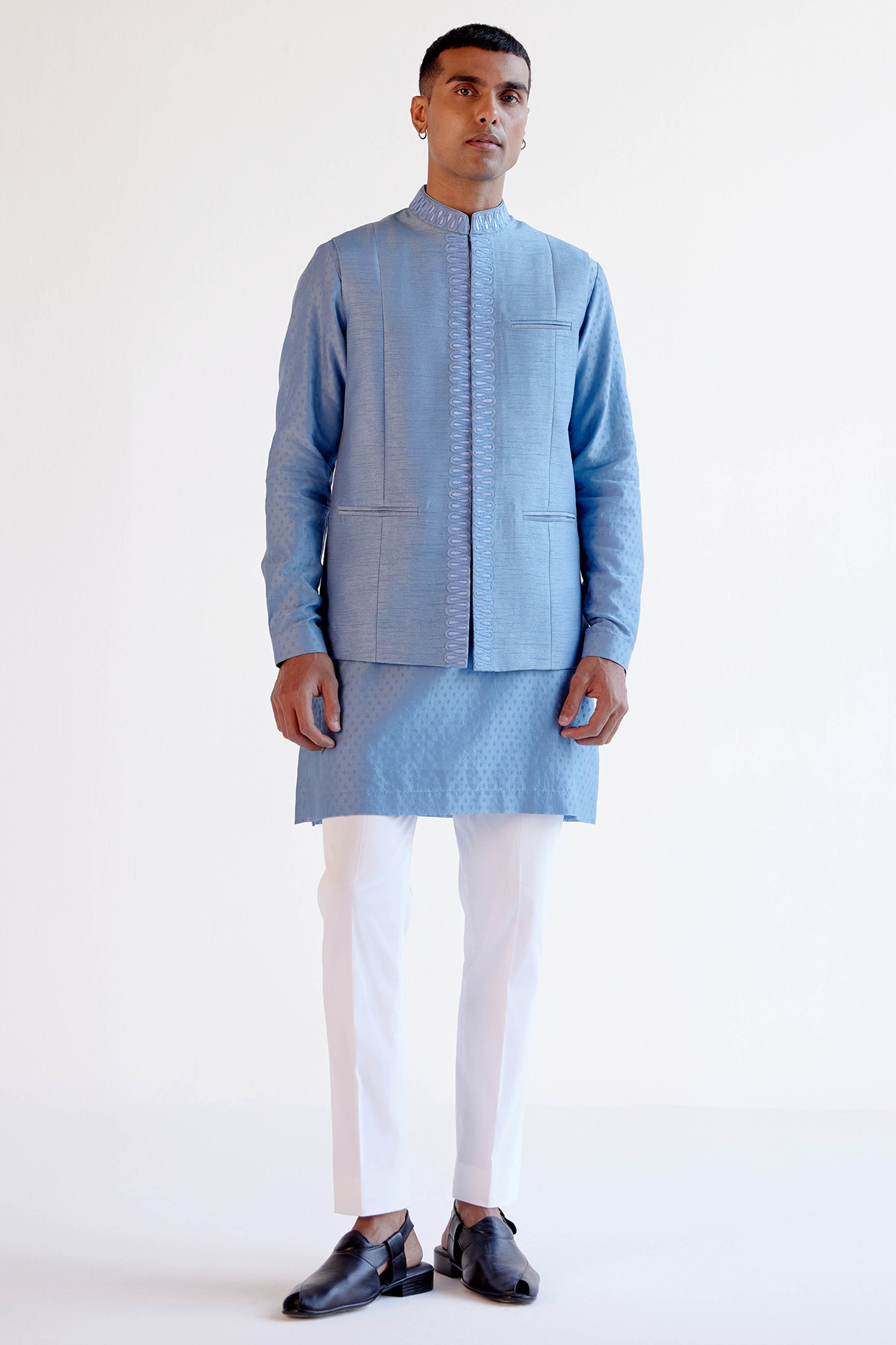 Ice Blue Summer Tussar Resham Embroidered Bundi Jacket Set by Devnaagri Men