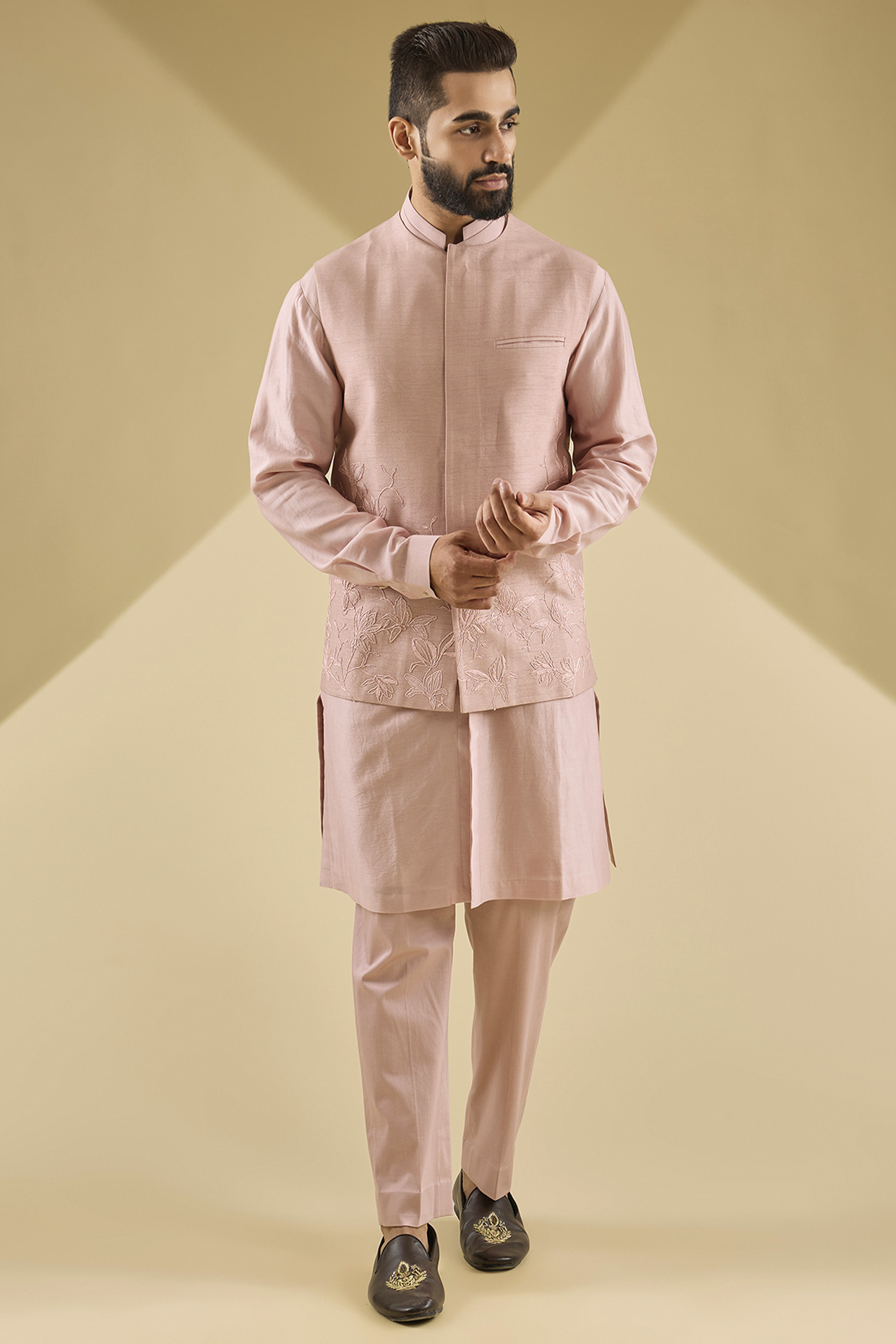 Rose-Colored Silk Chanderi & Cotton Lycra Embroidered Bundi Jacket Set by Devnaagri Men