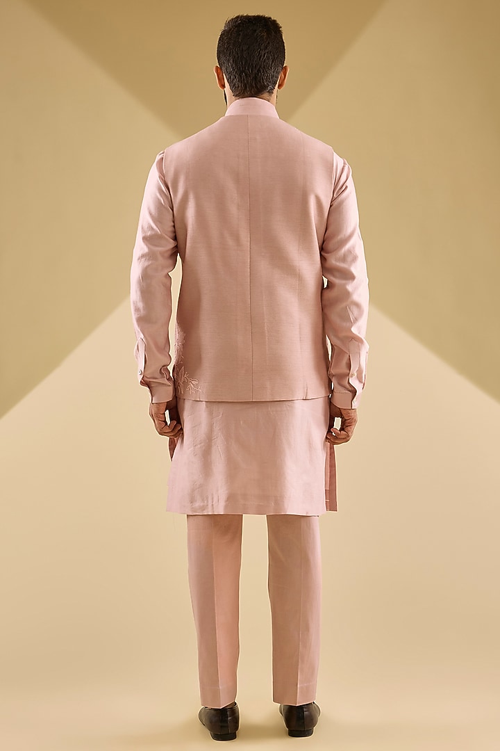 Rose-Colored Silk Chanderi & Cotton Lycra Embroidered Bundi Jacket Set by Devnaagri Men at Pernia's Pop Up Shop
