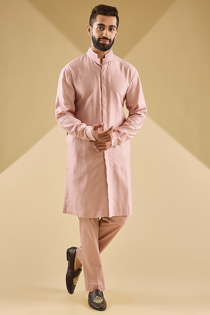 Rose-Colored Silk Chanderi & Cotton Lycra Embroidered Bundi Jacket Set by Devnaagri Men at Pernia's Pop Up Shop