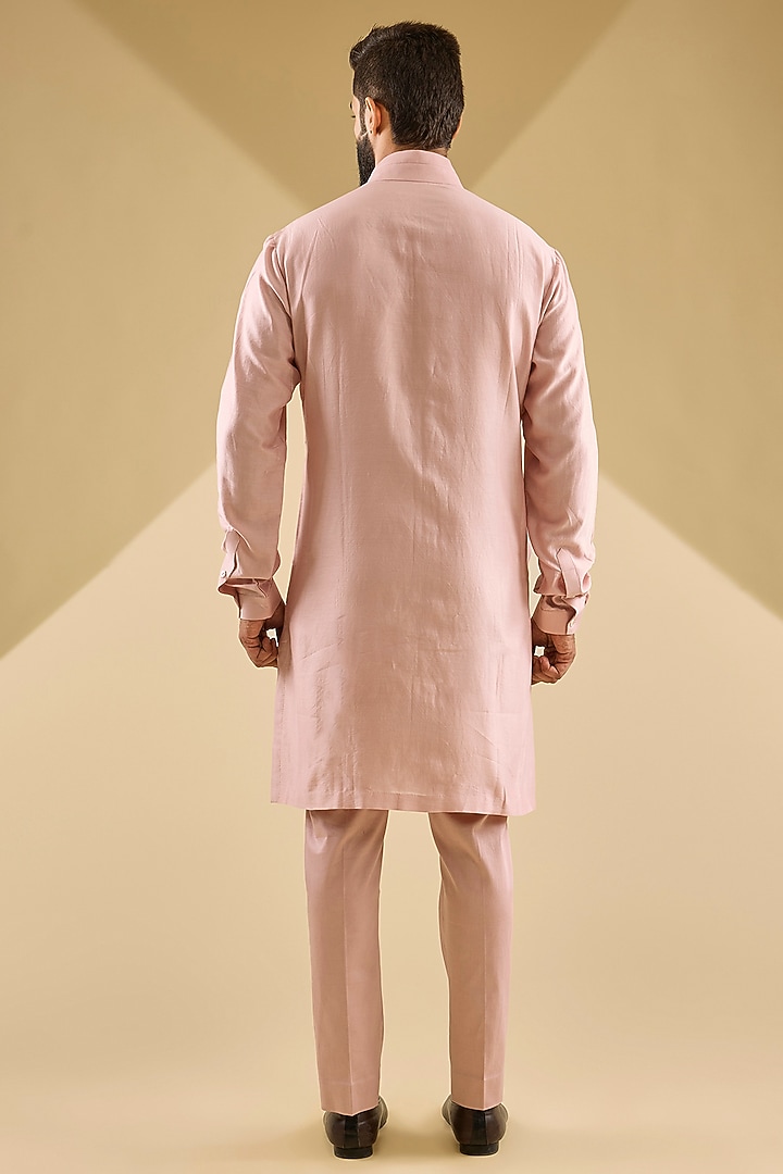 Rose-Colored Silk Chanderi & Cotton Lycra Embroidered Bundi Jacket Set by Devnaagri Men at Pernia's Pop Up Shop