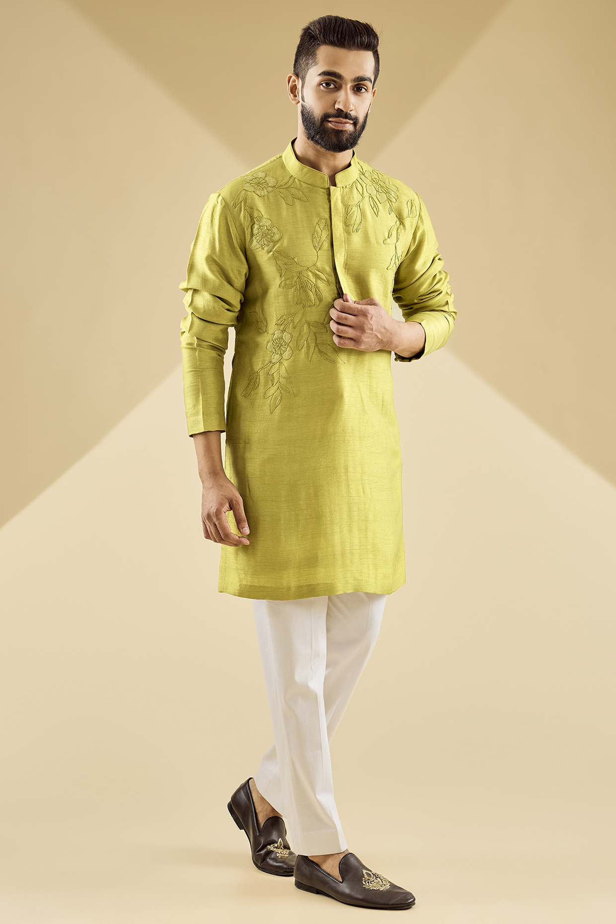 Lemon Yellow Raw Silk Kurta Set by Devnaagri Men
