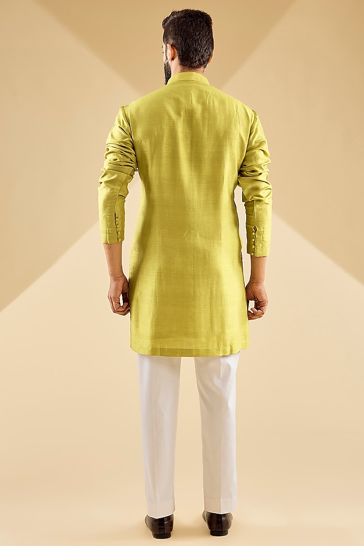 Lemon Yellow Raw Silk Kurta Set by Devnaagri Men at Pernia's Pop Up Shop