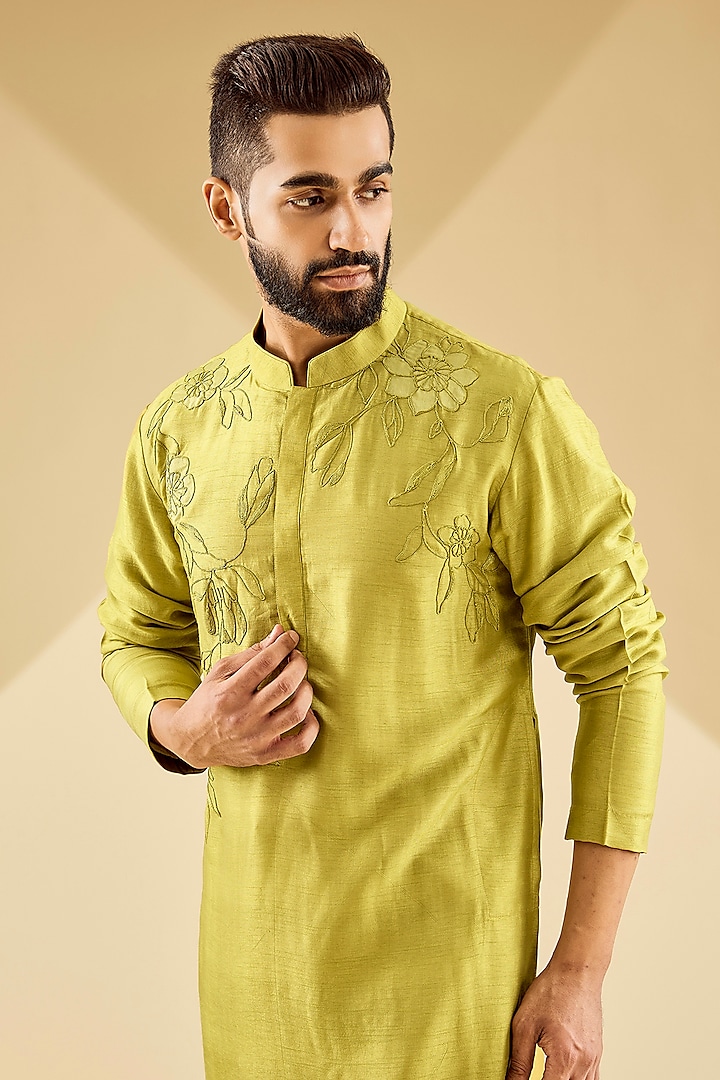 Lemon Yellow Raw Silk Kurta Set by Devnaagri Men at Pernia's Pop Up Shop
