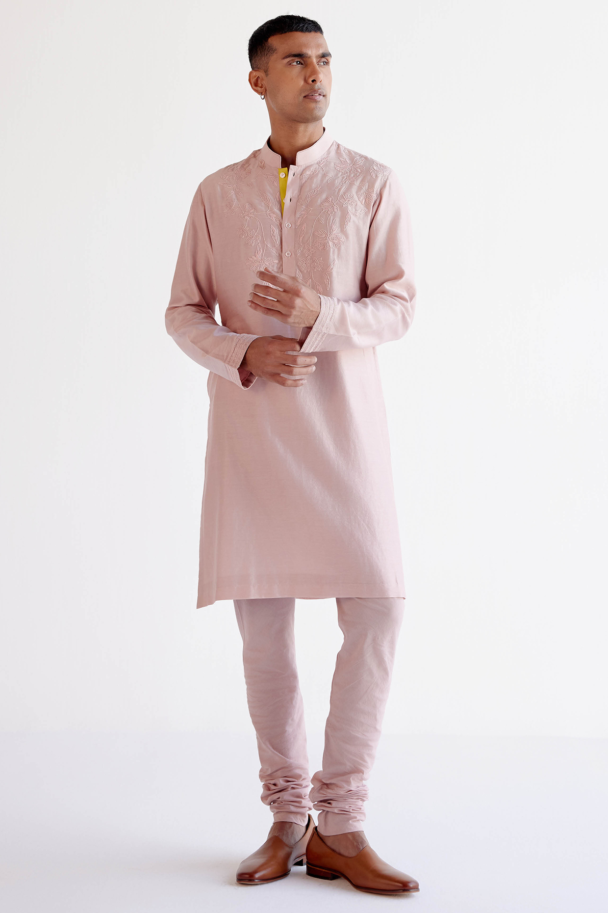 Blush Pink Silk Chanderi Resham Embroidered Kurta Set by Devnaagri Men