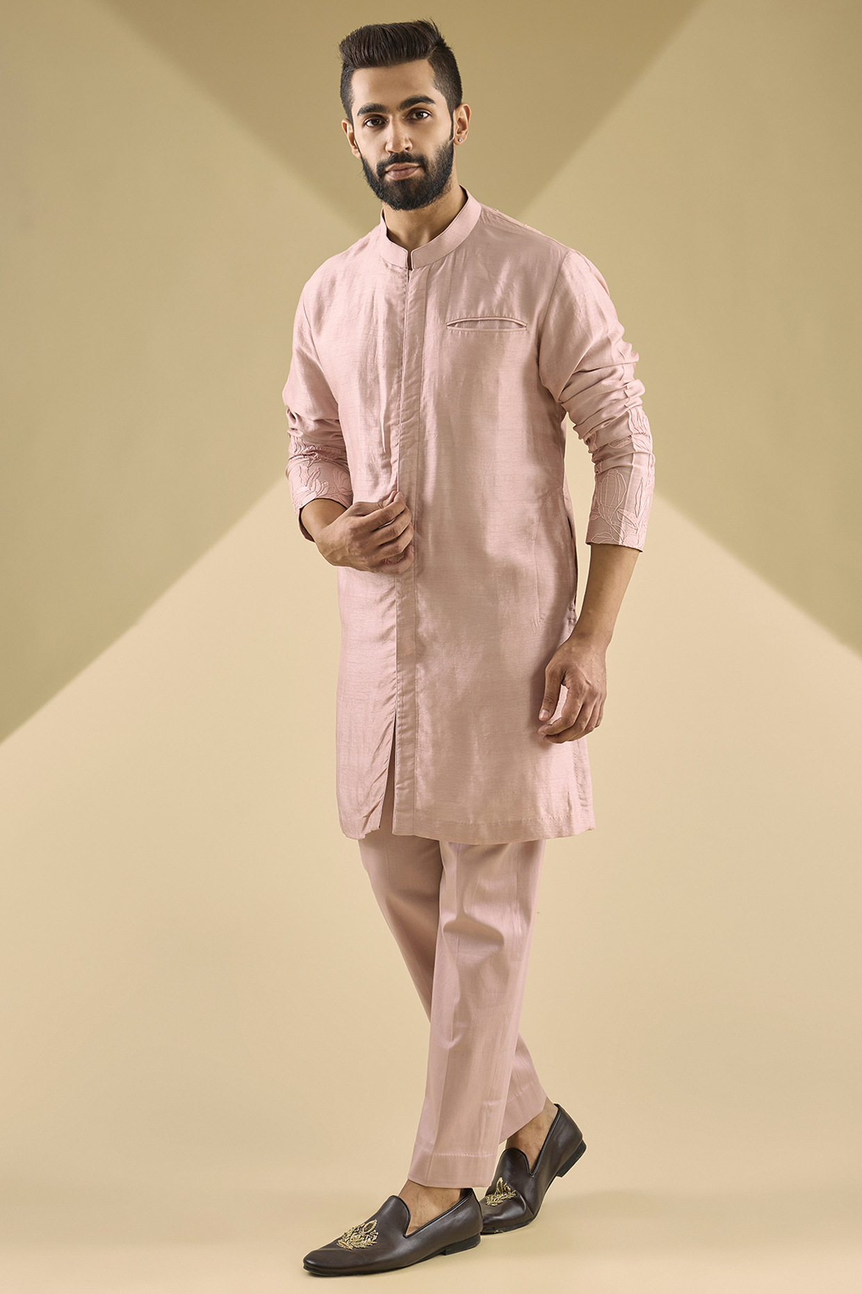 Rose-Colored Raw Silk Kurta Set by Devnaagri Men