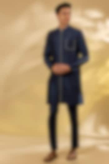 Navy Blue Summer Tussar Printed Kurta Set by Devnaagri Men at Pernia's Pop Up Shop