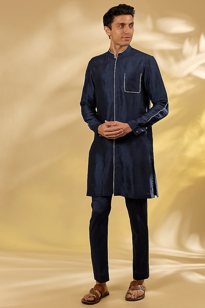 Navy Blue Summer Tussar Printed Kurta Set by Devnaagri Men at Pernia's Pop Up Shop