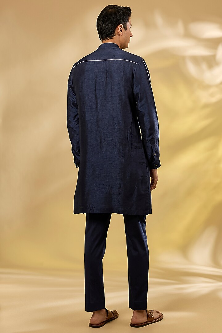 Navy Blue Summer Tussar Printed Kurta Set by Devnaagri Men at Pernia's Pop Up Shop