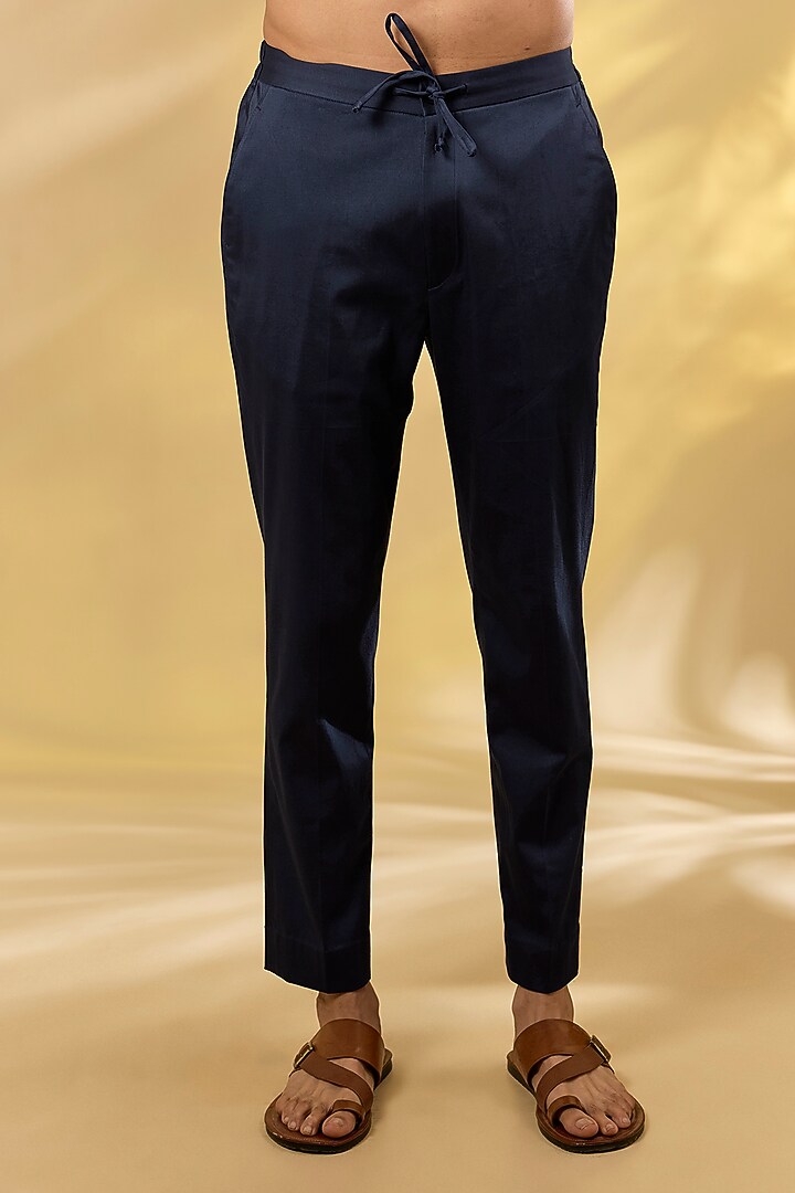 Navy Blue Summer Tussar Printed Kurta Set by Devnaagri Men at Pernia's Pop Up Shop