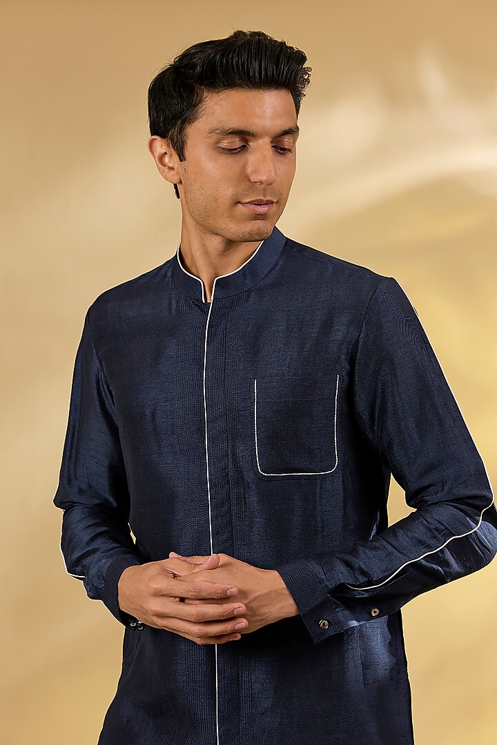 Navy Blue Summer Tussar Printed Kurta Set by Devnaagri Men at Pernia's Pop Up Shop
