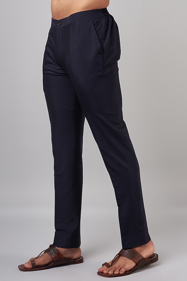 Navy Blue Linen Satin Embroidered Bundi Set by Devnaagri Men at Pernia's Pop Up Shop