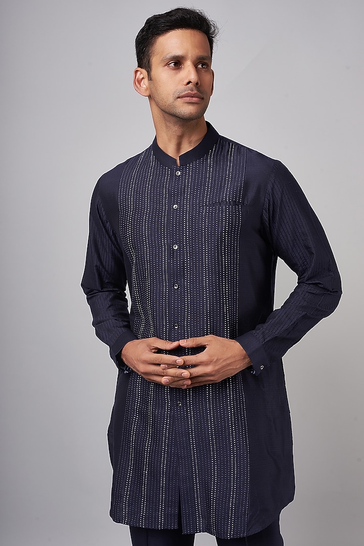 Navy Blue Cotton Silk Blend Kurta Set by Devnaagri Men at Pernia's Pop Up Shop