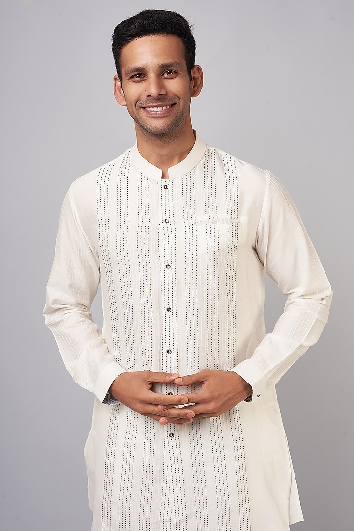 Ivory Cotton Silk Blend Kurta Set by Devnaagri Men at Pernia's Pop Up Shop