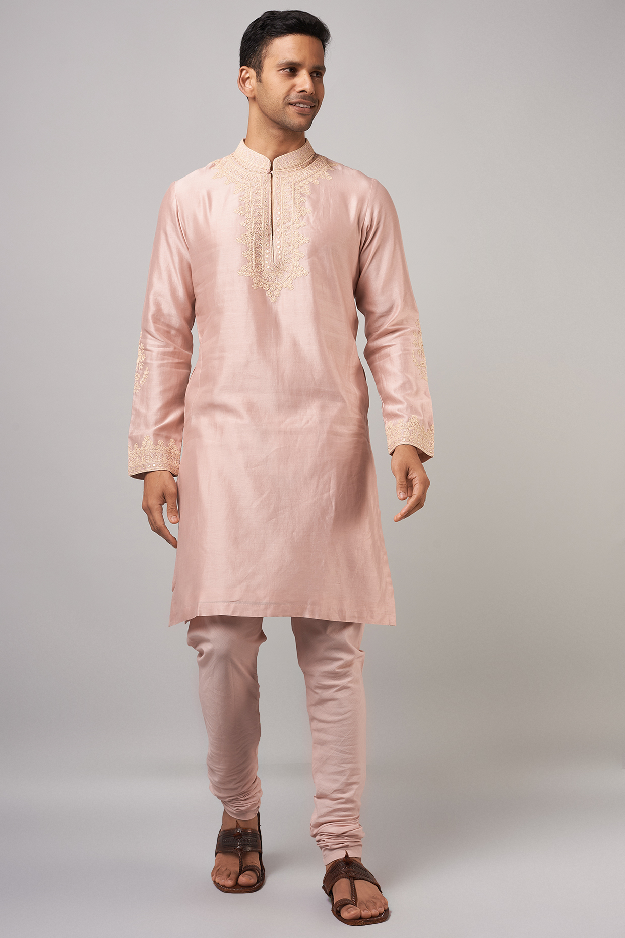 Blush Pink Chanderi Embroidered Kurta Set by Devnaagri Men