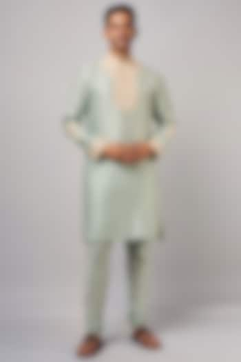 Aqua Chanderi Embroidered Kurta Set by Devnaagri Men at Pernia's Pop Up Shop