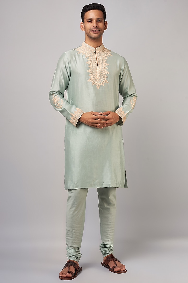 Aqua Chanderi Embroidered Kurta Set by Devnaagri Men at Pernia's Pop Up Shop