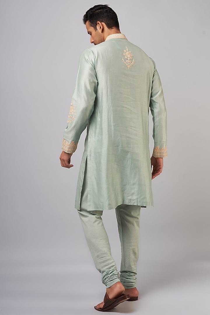 Aqua Chanderi Embroidered Kurta Set by Devnaagri Men at Pernia's Pop Up Shop