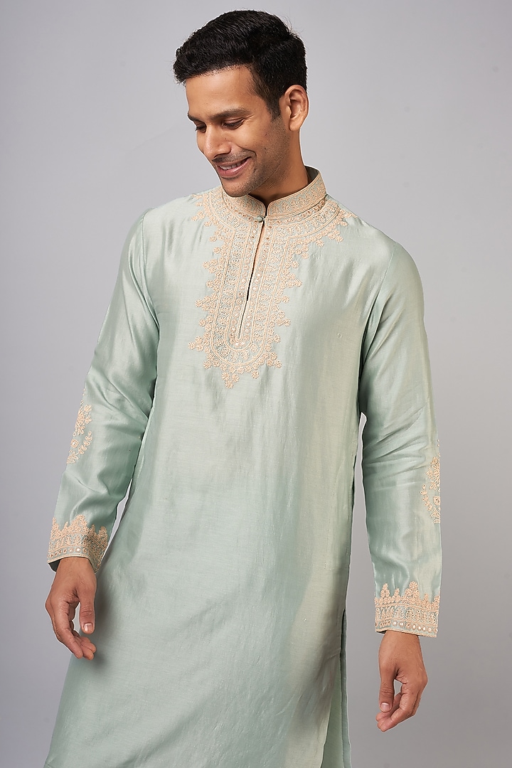 Aqua Chanderi Embroidered Kurta Set by Devnaagri Men at Pernia's Pop Up Shop