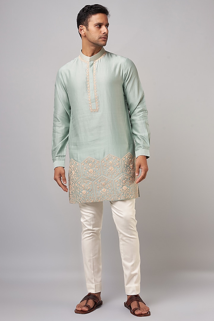 Aqua Chanderi Embroidered Kurta Set by Devnaagri Men at Pernia's Pop Up Shop