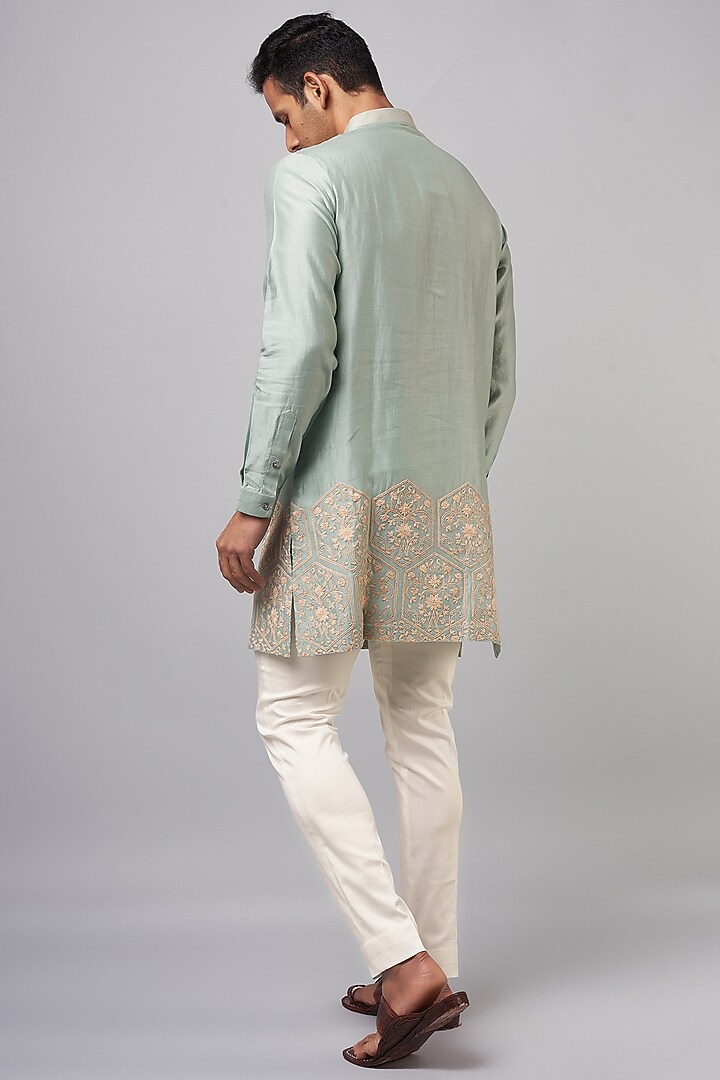Aqua Chanderi Embroidered Kurta Set by Devnaagri Men at Pernia's Pop Up Shop