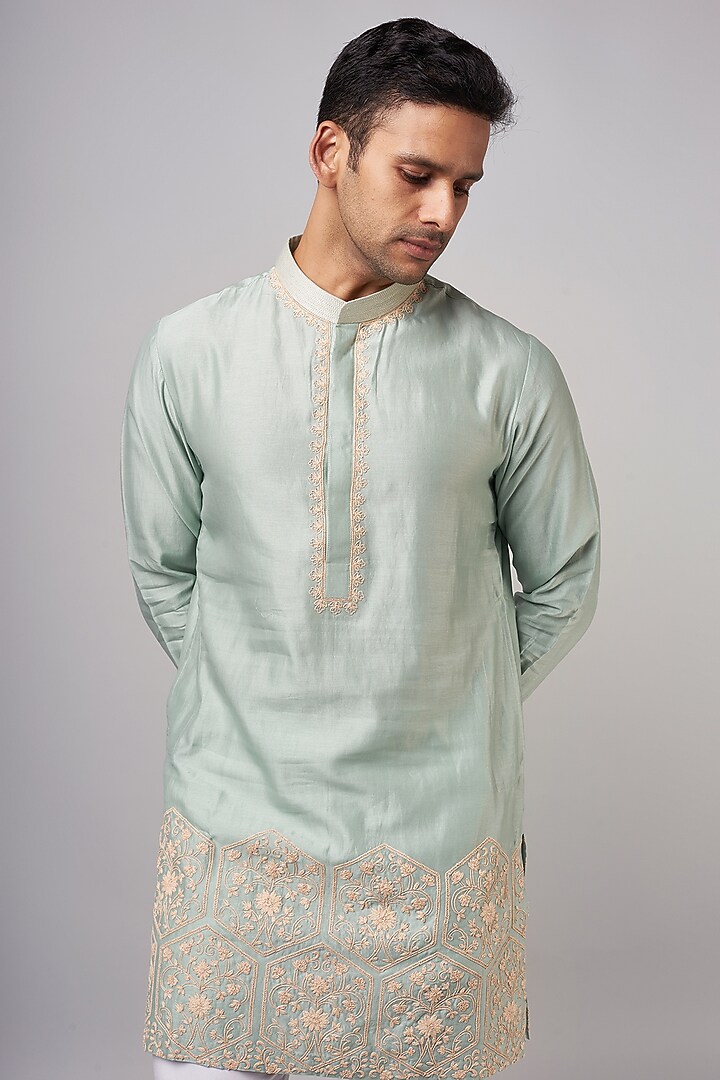 Aqua Chanderi Embroidered Kurta Set by Devnaagri Men at Pernia's Pop Up Shop
