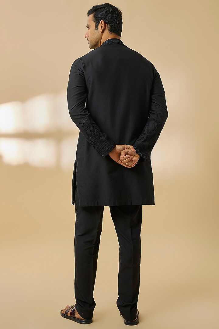 Black Chanderi Silk Kurta Set by Devnaagri Men at Pernia's Pop Up Shop