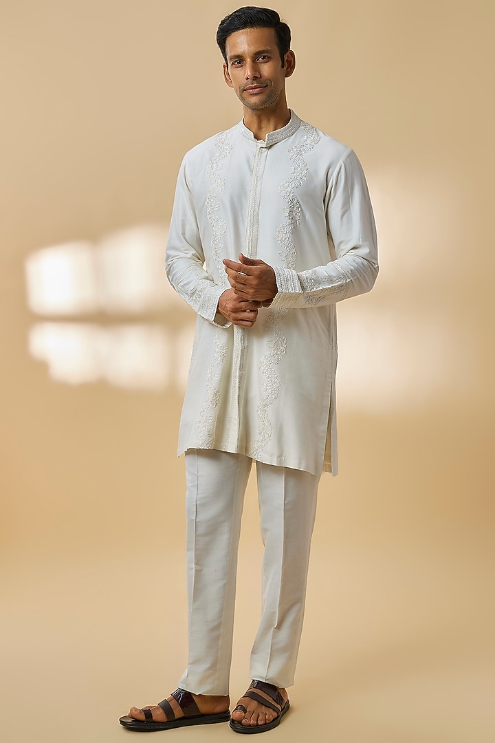 Ivory Chanderi Silk Kurta Set by Devnaagri Men at Pernia's Pop Up Shop