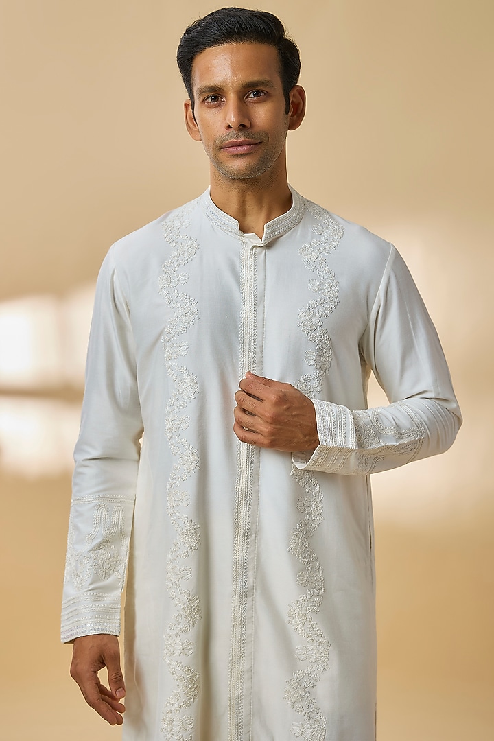 Ivory Chanderi Silk Kurta Set by Devnaagri Men at Pernia's Pop Up Shop