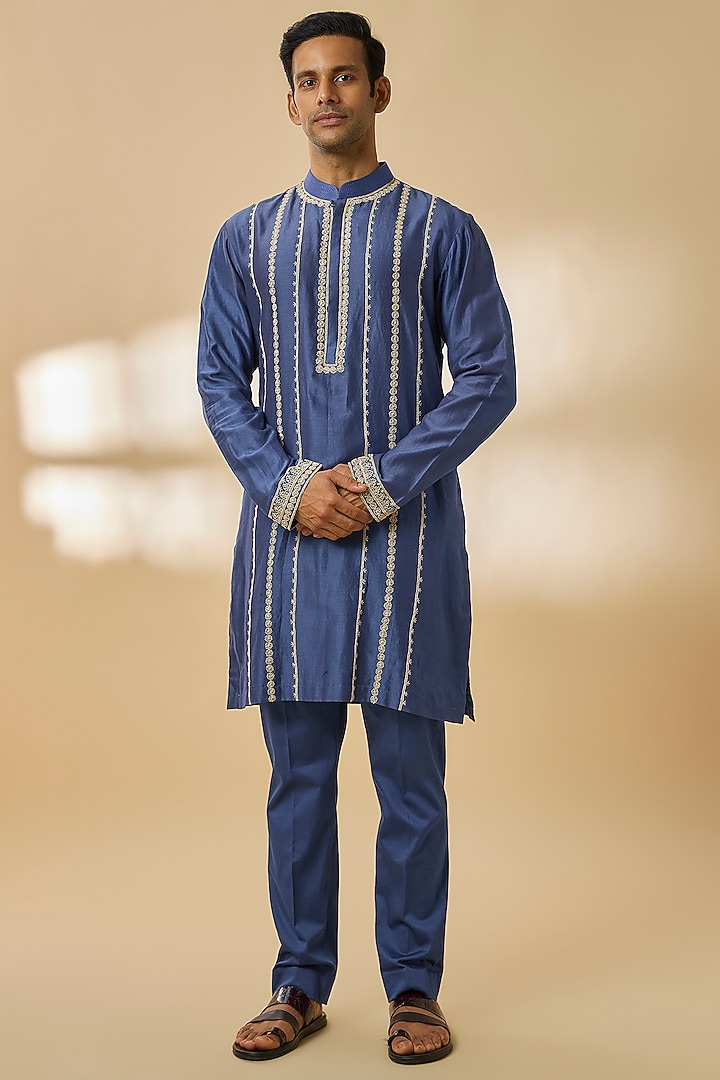 Blue Chanderi Silk Kurta Set by Devnaagri Men at Pernia's Pop Up Shop