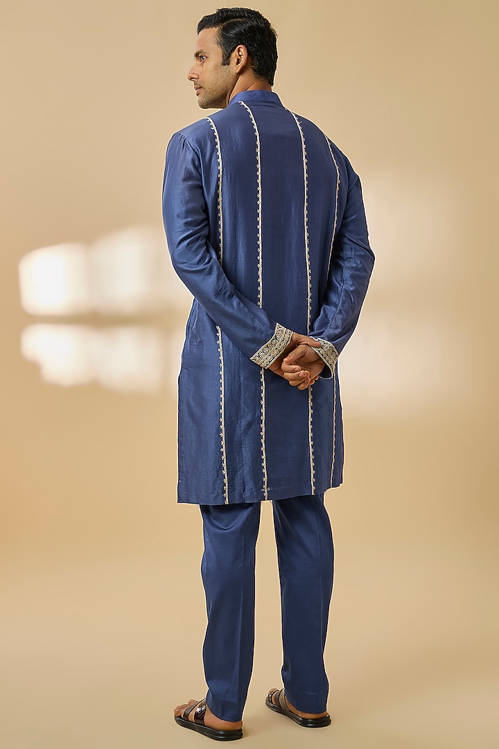 Blue Chanderi Silk Kurta Set by Devnaagri Men at Pernia's Pop Up Shop