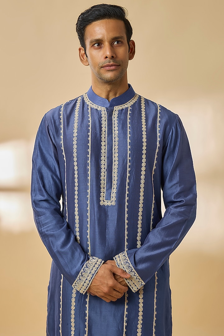 Blue Chanderi Silk Kurta Set by Devnaagri Men at Pernia's Pop Up Shop