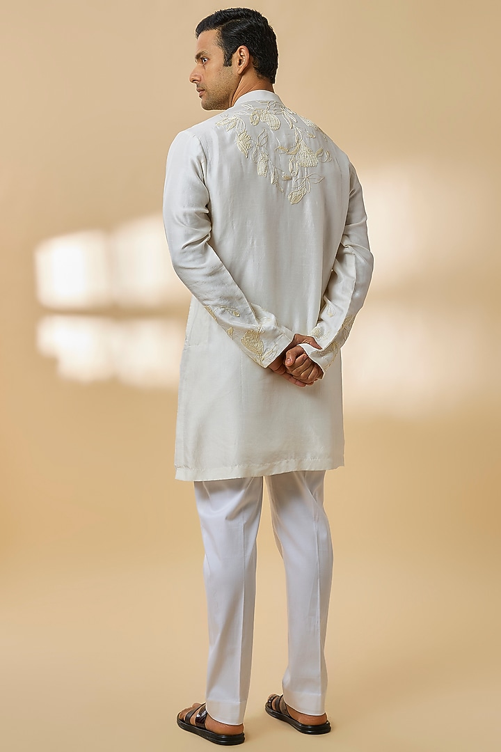 Ivory Chanderi Silk Kurta Set by Devnaagri Men at Pernia's Pop Up Shop