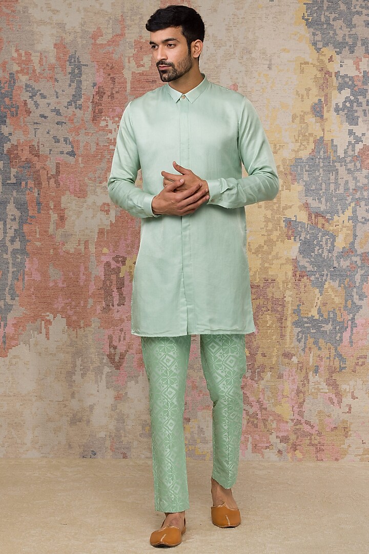 Sea Green Cotton Silk Satin Kurta Set by Devnaagri Men